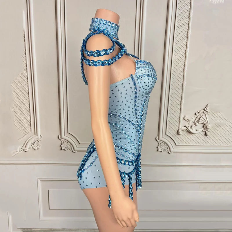 Rhinestone Embellished Performance Bodysuit with Tiered Sequins