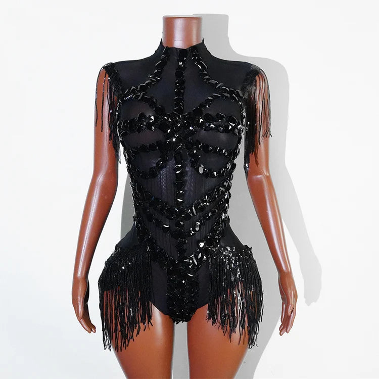 The Stardust Midnight Cabaret Bodysuit – Luxury Rhinestone & Mesh Showgirl Costume