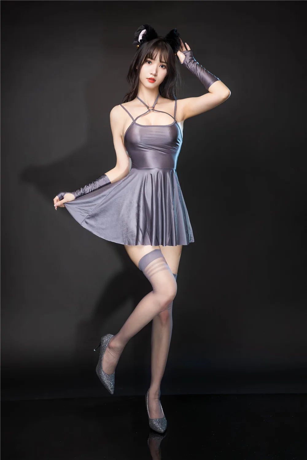 Sexy Backless Satin Smooth Oil Glossy Pleated Micro MINI Dress Bandage Sleeveless Tight Uniform Maid Ruffled Dress Stage Wear