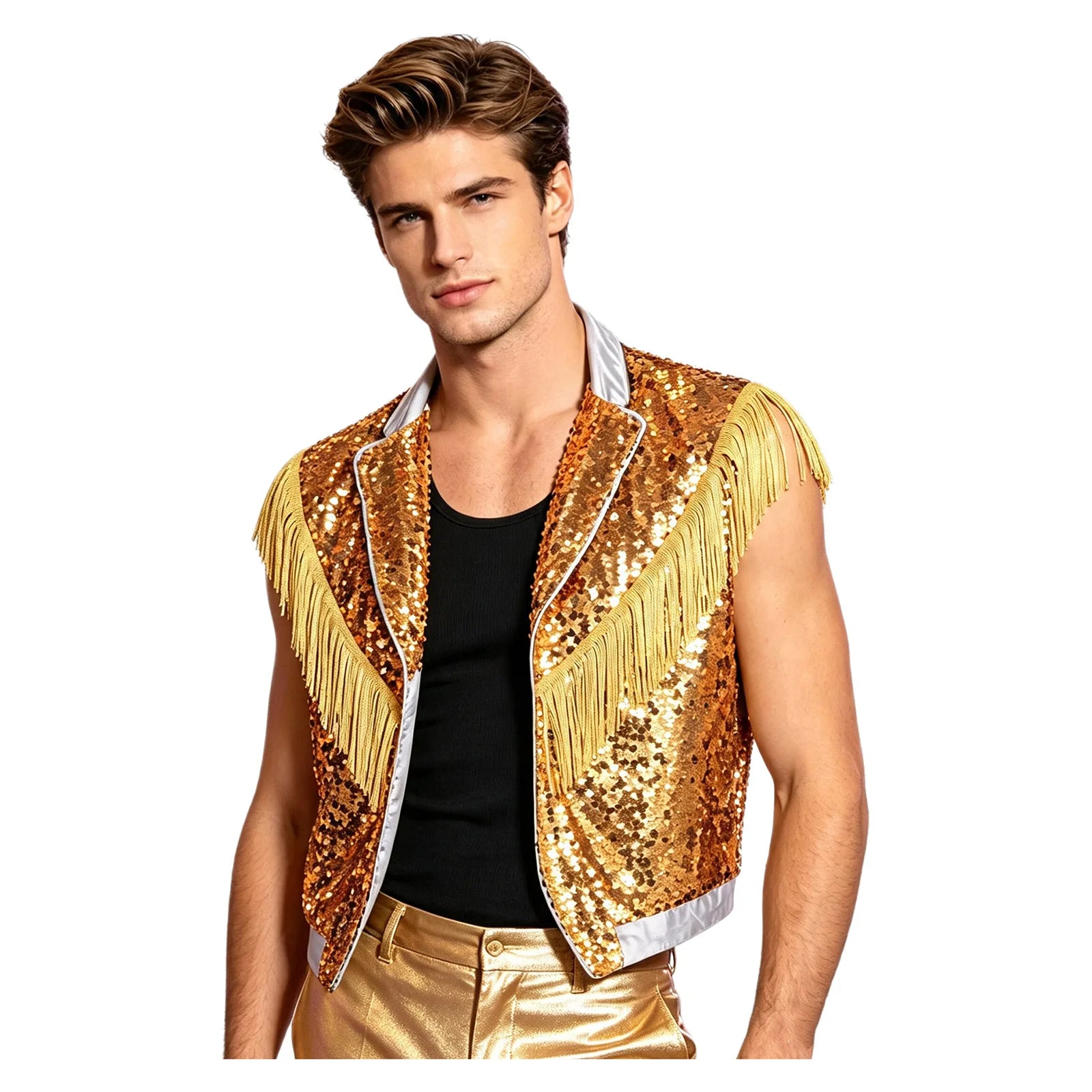 Men's Metallic Sequin Tassel Open-Front Vest Lapel Collar Sleeveless Stage Dance Waistcoat