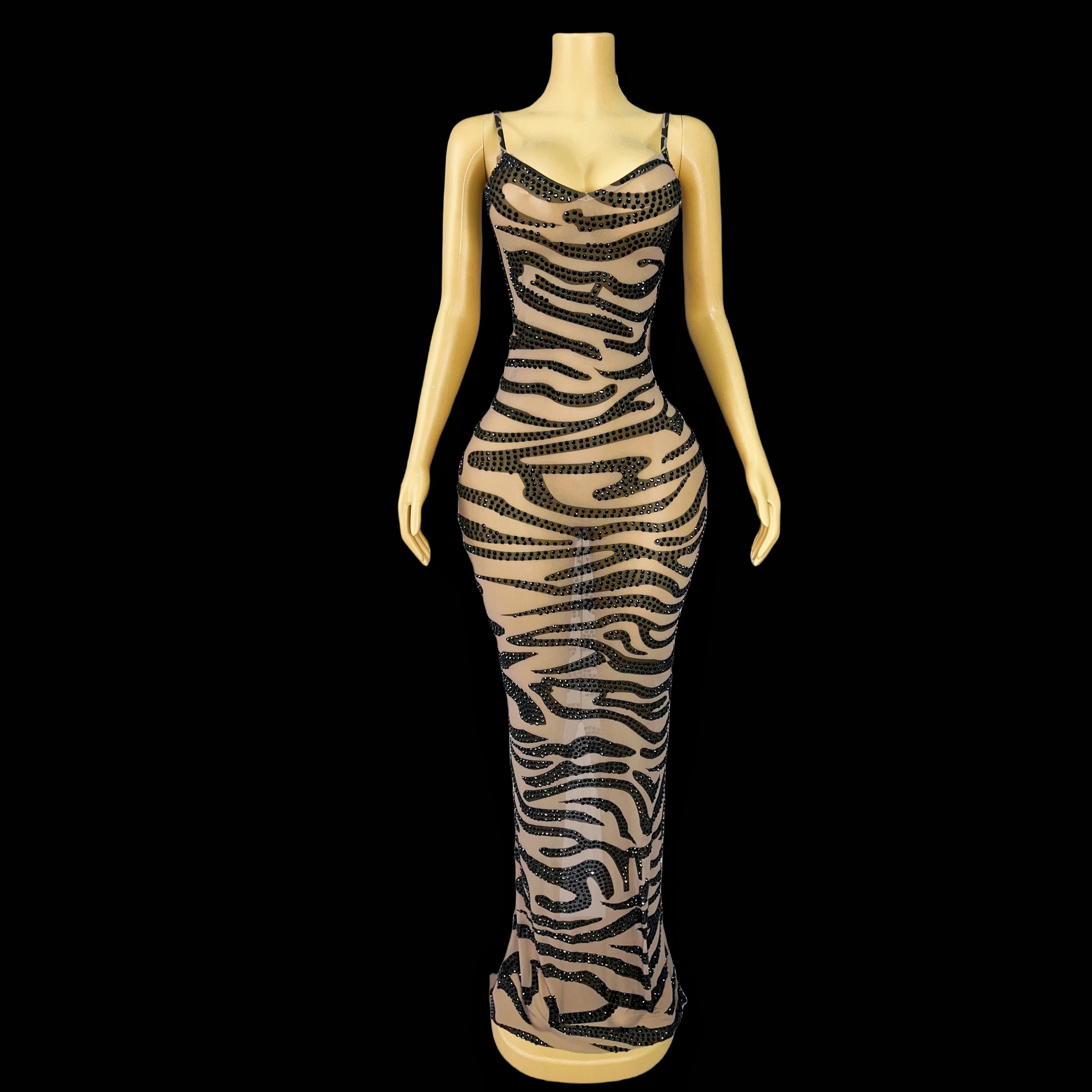 Leopard Print Sparkly Rhinestone Mesh Evening Gown Red Carpet Stage Dress