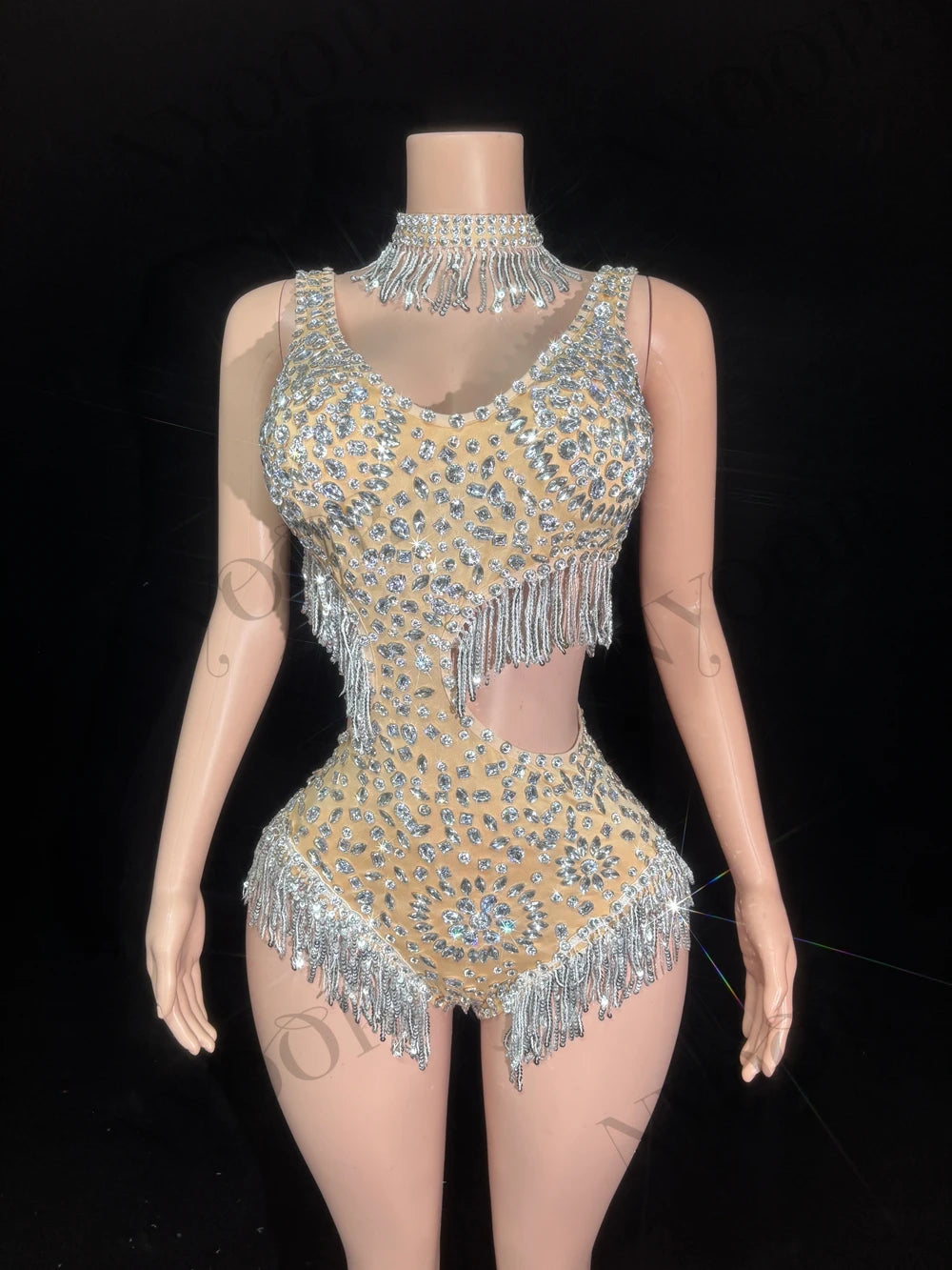 Sparkly Rhinestone Tassel Mock Neck Bodysuit Sleeveless Showgirl Stage Leotard