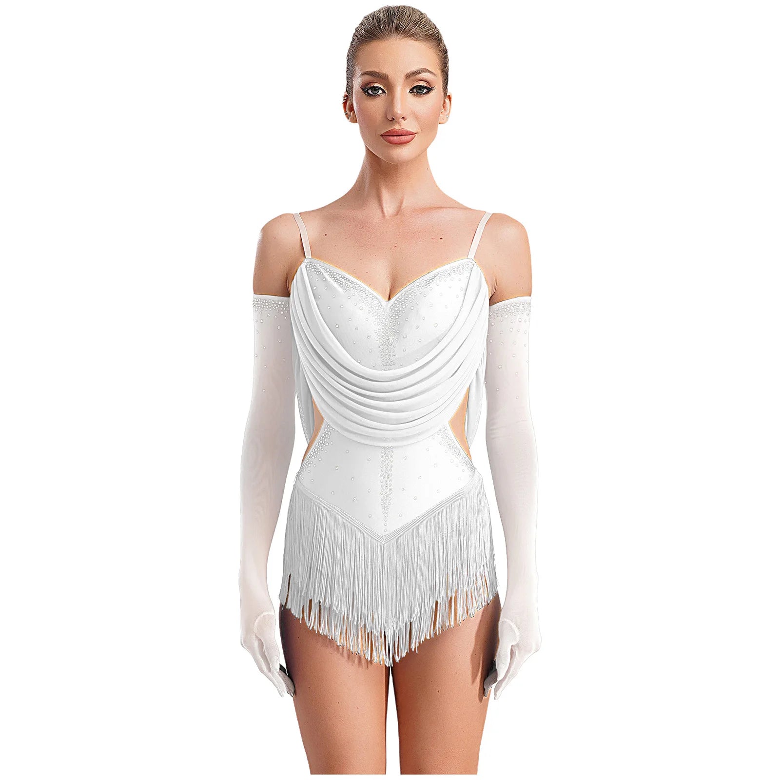 Sparkly Rhinestone & Tassel Fringe Dance Leotard with Gloves Two-Piece Stage Costume