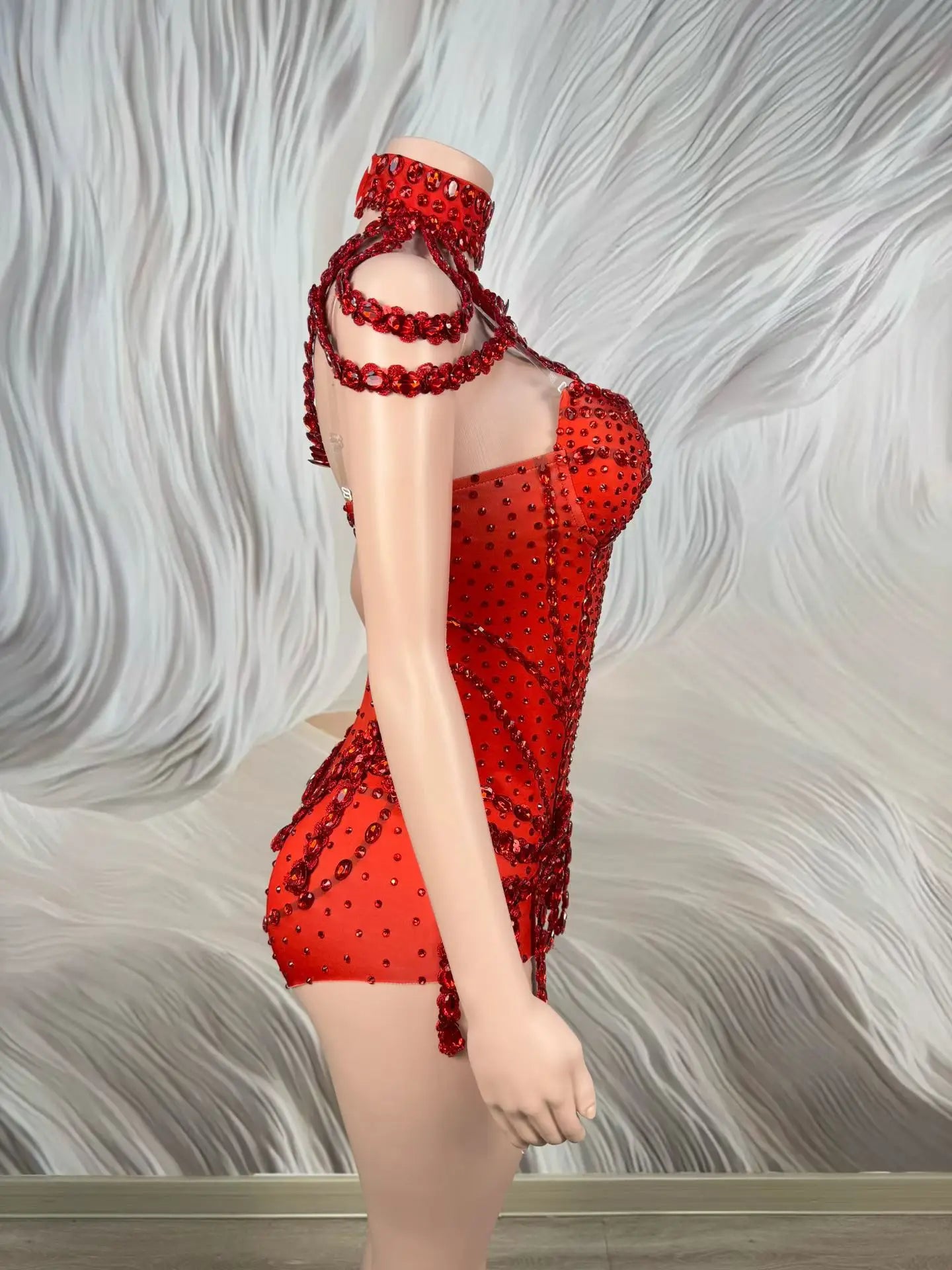 Sparkly Rhinestone Tassel Spandex Bodysuit Halter Dance Stage Costume Leotard