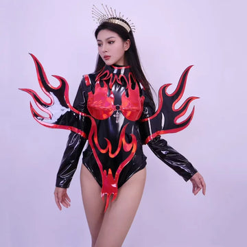 Flame Patent Leather Bodysuit & Sculpted Wing Shoulders 2-Piece Stage Costume Set