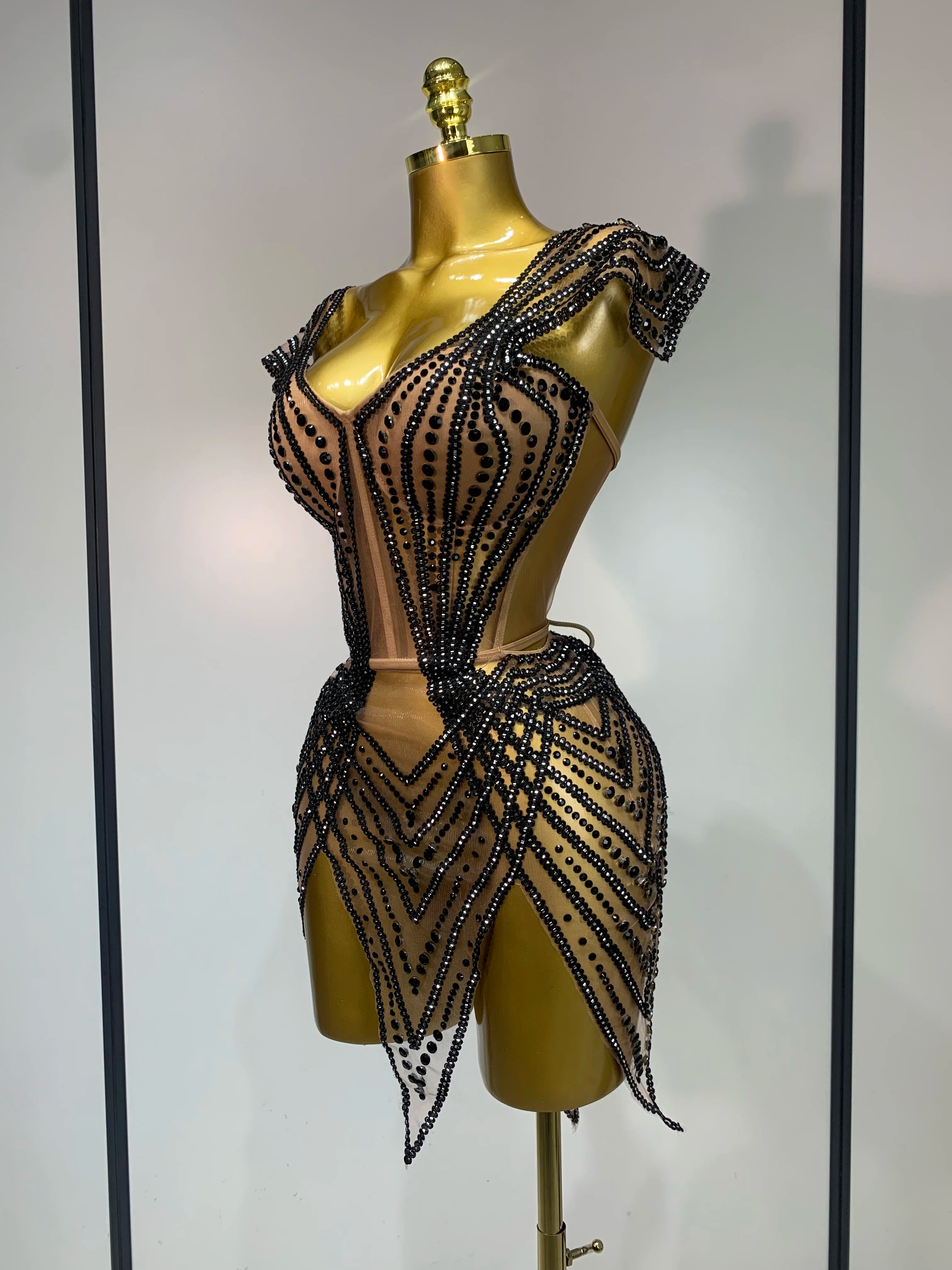 Sparkly Rhinestone Mesh Strapless Mini Dress Evening Stage Performance Outfit
