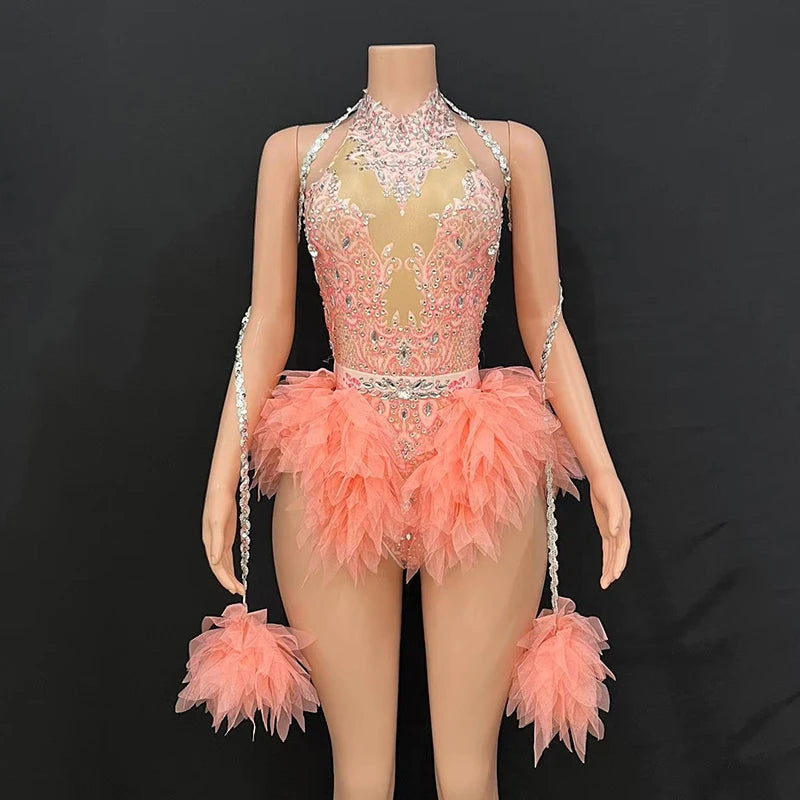 Rhinestone Feather Embellished Bodysuit & Showgirl Stage Dance Costume
