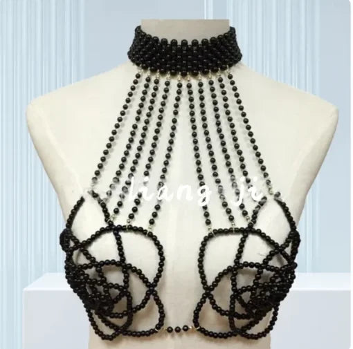 Showgirl Pearl Body Chain - Handmade Rhinestone Waist Chain Bra Harness for Rave & Burlesque Costumes