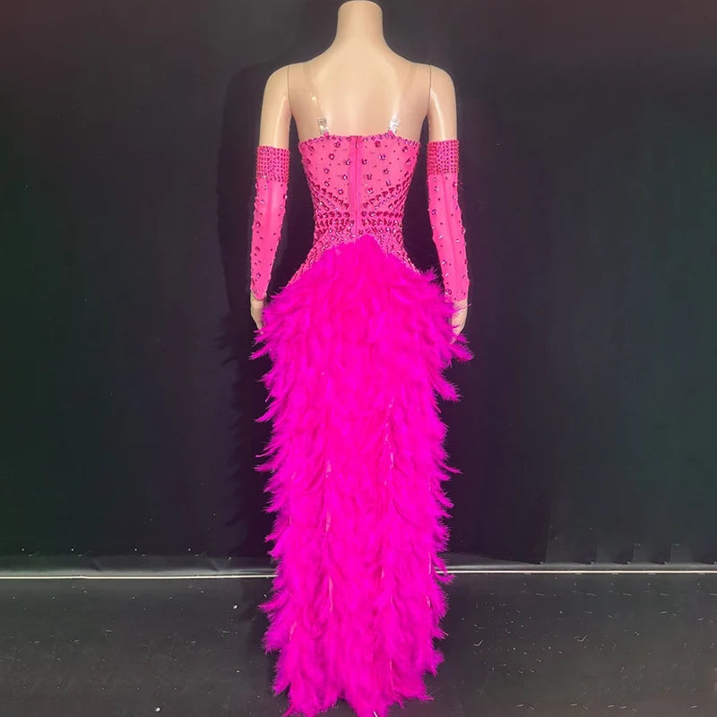 The Stardust Showgirl Finale – Rhinestone Bodysuit & Feather Train Costume
