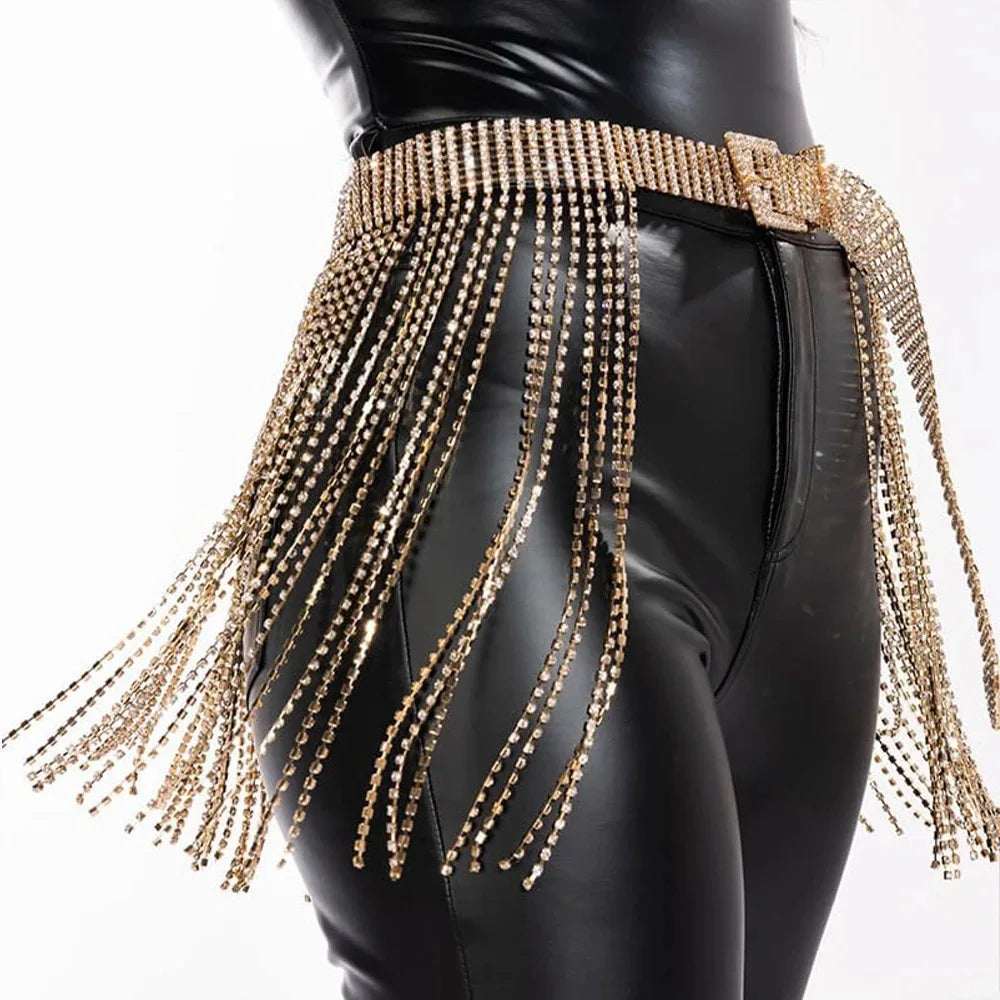 Rhinestone Buckle Tassel Waist Chain
