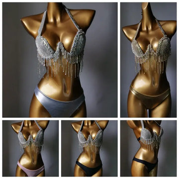 High-Fashion Crystal Mesh Bikini Set – Dazzling Rhinestone Bling Swimsuit & Showgirl Swimwear for Stage Performances & Raves