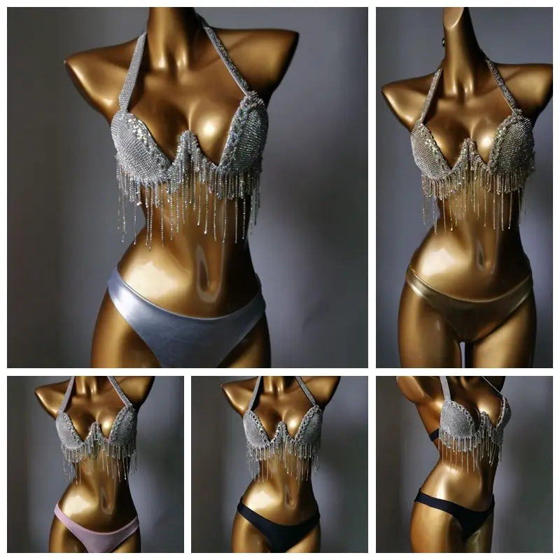 High-Fashion Crystal Mesh Bikini Set – Dazzling Rhinestone Bling Swimsuit & Showgirl Swimwear for Stage Performances & Raves