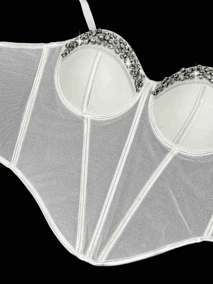 Diamond Embroidered Bustier Corset Crop Top Asymmetric Stage Bralette