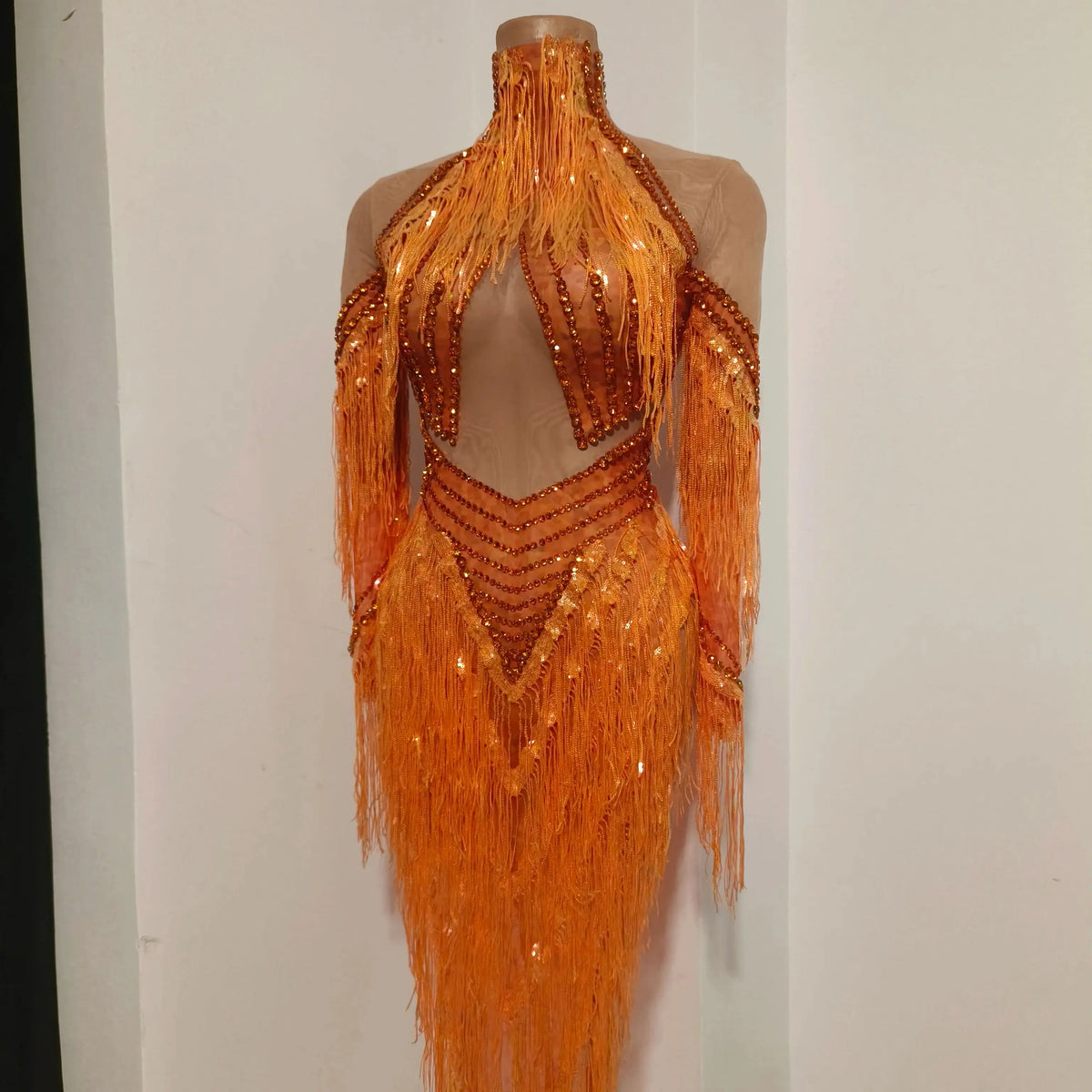 Orange Rhinestone Tassel Long-Sleeve Mesh Dress