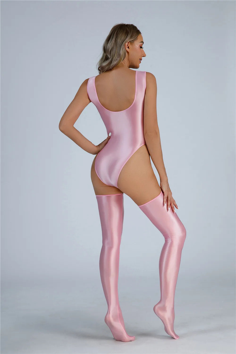 Backless High-Cut Oil Glossy Sheer Bodysuit & Matching Stockings Set
