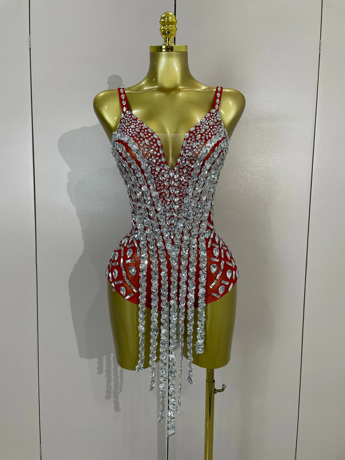 Rhinestone Long Tassel Mesh Bodysuit