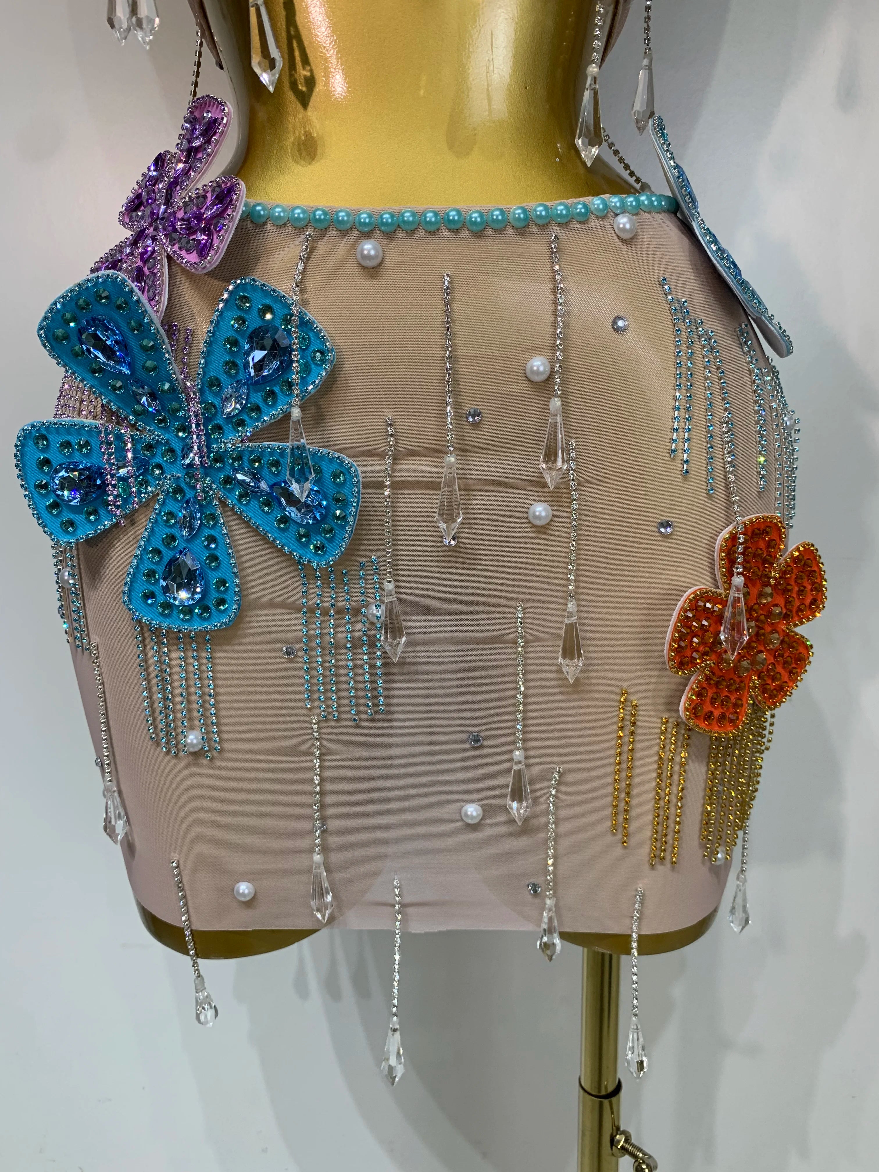 Colorful Rhinestone Pearl Sheer Dress & Two-Piece Mini Skirt Set Celebration Outfit