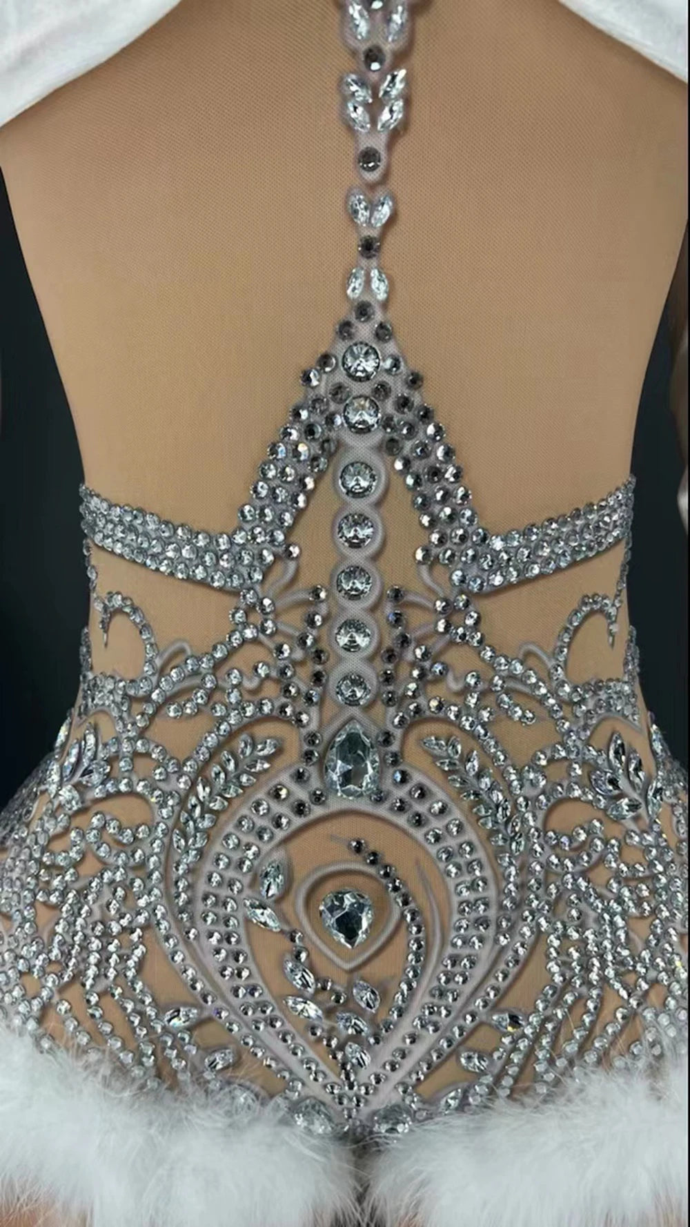 Sparkly Rhinestone & White Feather Long-Sleeve Bodysuit Stage Costume