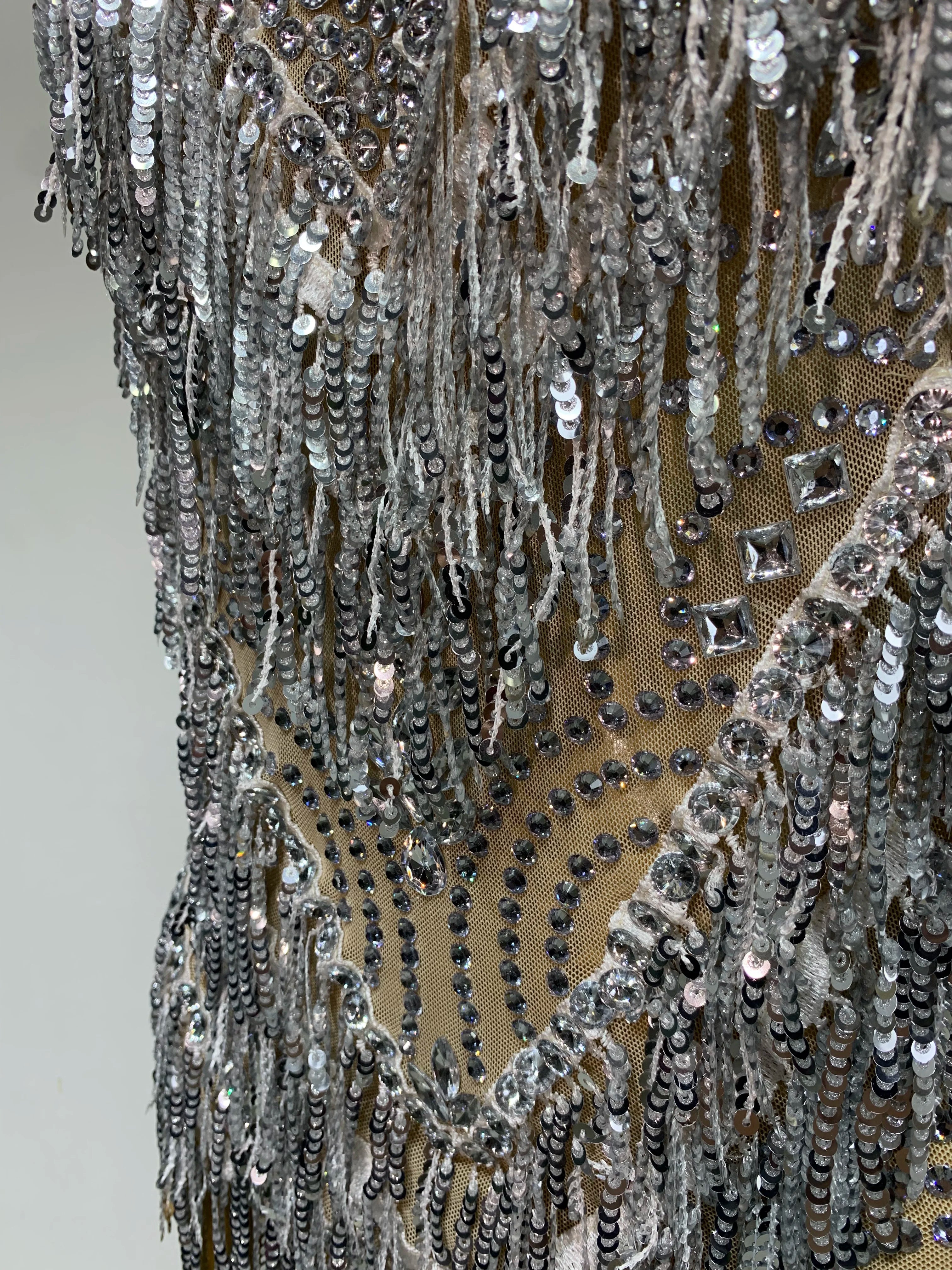 Sparkly Rhinestone Tassel Backless Mesh Bodysuit Luxury Stage Performance Costume