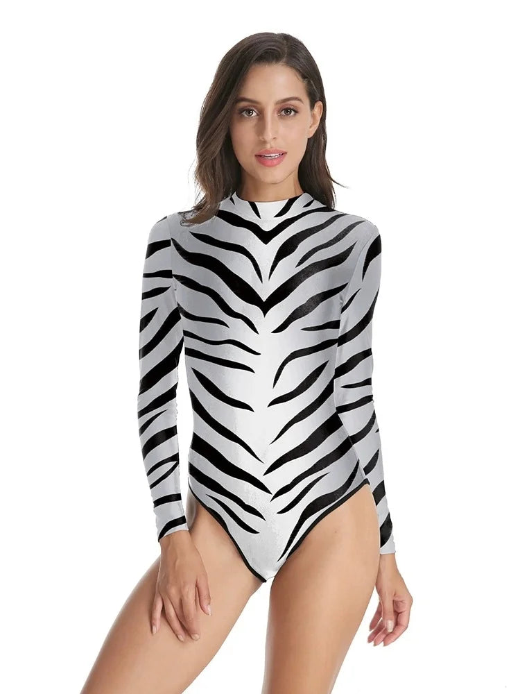 Animal Print Long Sleeve Cutout Bodysuit Sexy Stage Dance & Festival Wear