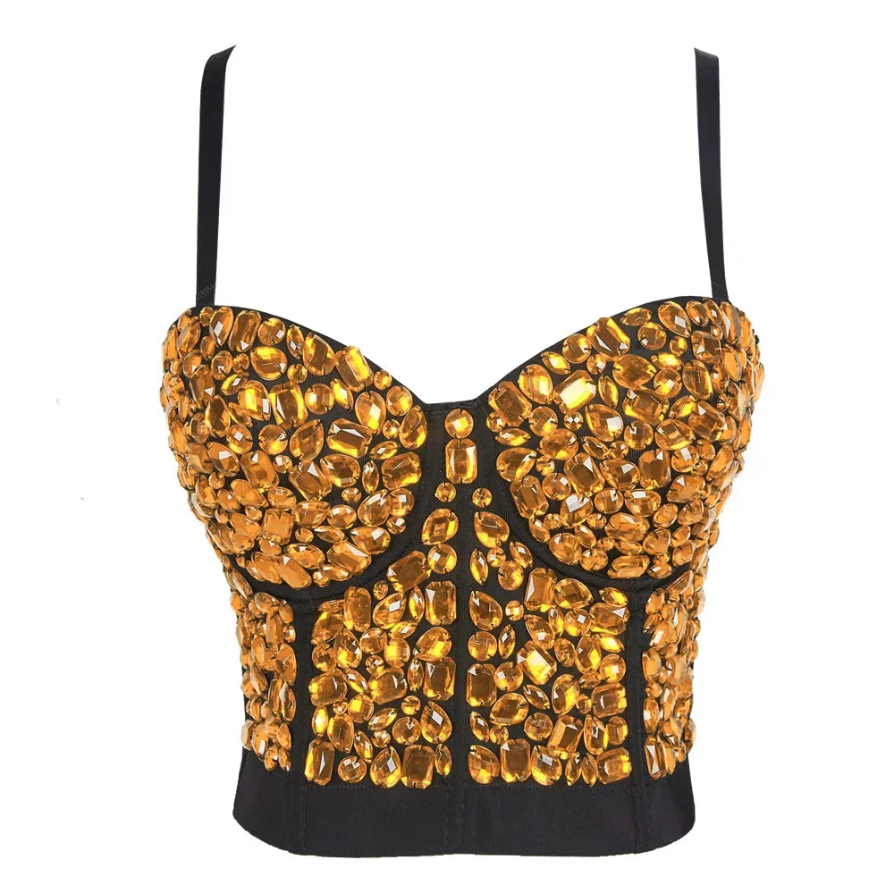 Sparkly Diamond Rhinestone Corset Top Showgirl Stage Performance Push-Up Bustier