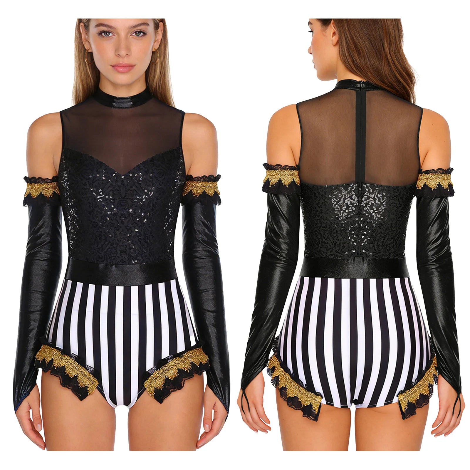 Circus Ringmaster Sequin Striped Bodysuit & Metallic Gloves 2-Piece Stage Costume Set