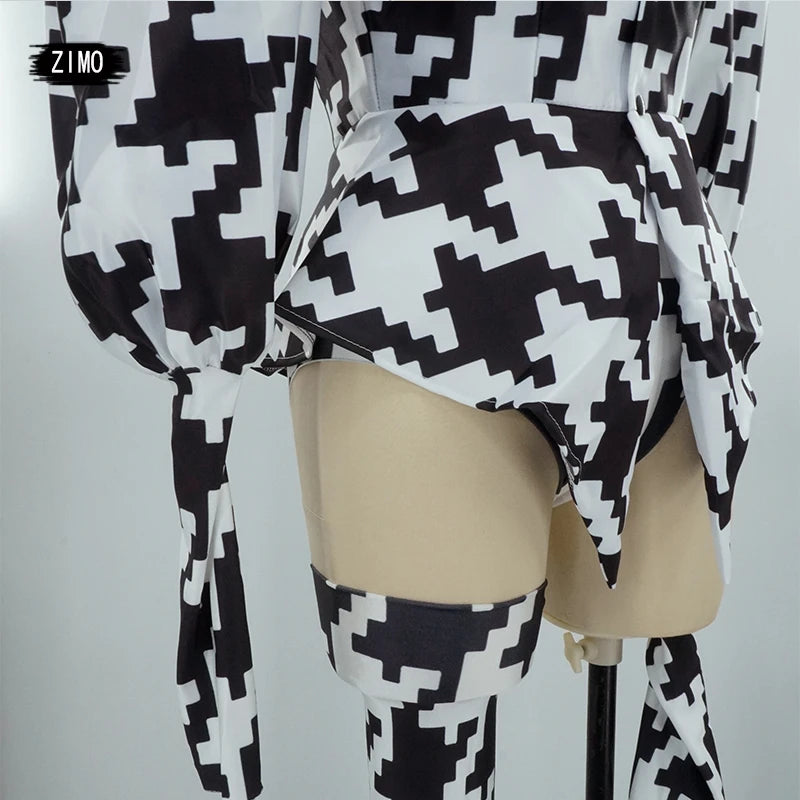 Houndstooth Geometric Print Bodysuit, Over-Knee Boots & Statement Hat 3-Piece Stage Costume Set