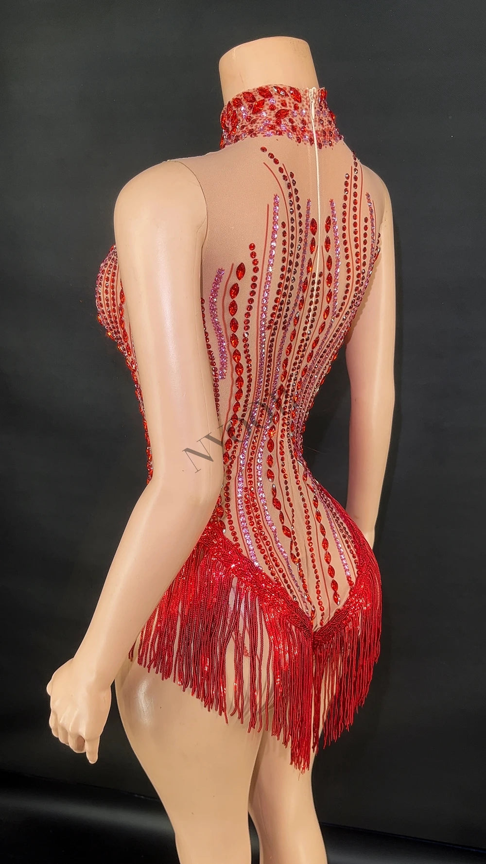 Sparkly Rhinestone, Sequin & Fringe Sleeveless Bodysuit Stage Performance Costume
