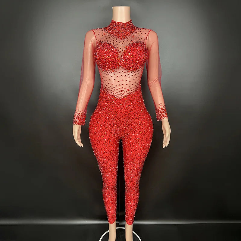 Women's Rhinestone Mesh Jumpsuit | Sheer Party & Stage Outfit