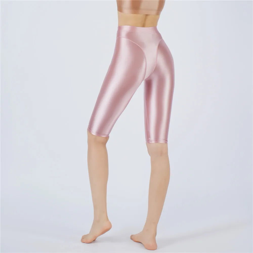Oil Glossy High-Stretch Knee-Length Shorts Satin Shine Performance Biker Shorts
