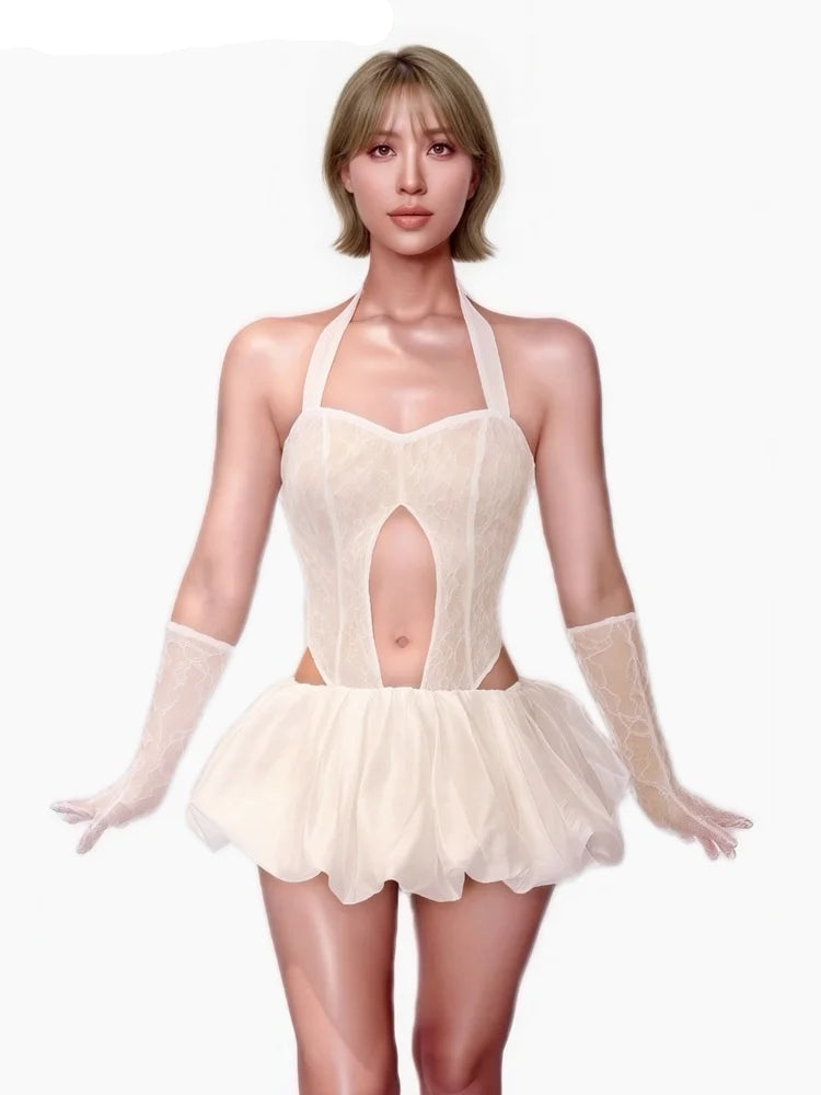 Ivory Floral Lace Cutout Bubble Romper Dress Sexy Stage Performance Costume Set