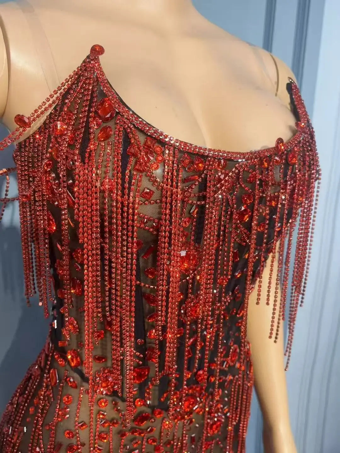 Red Crystal Chains Rhinestones Transparent Dress Women Party Show Gown Singer Performance Stage Wear