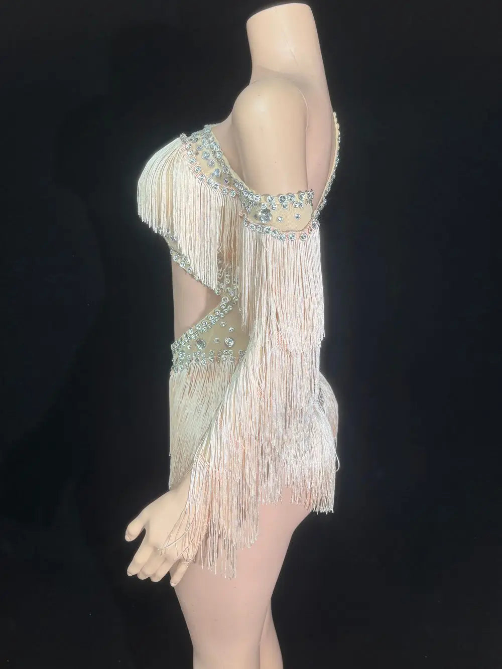 Sparkly Silver Crystal Rhinestone & Shoulder Fringe Bodysuit Stage Performance Costume