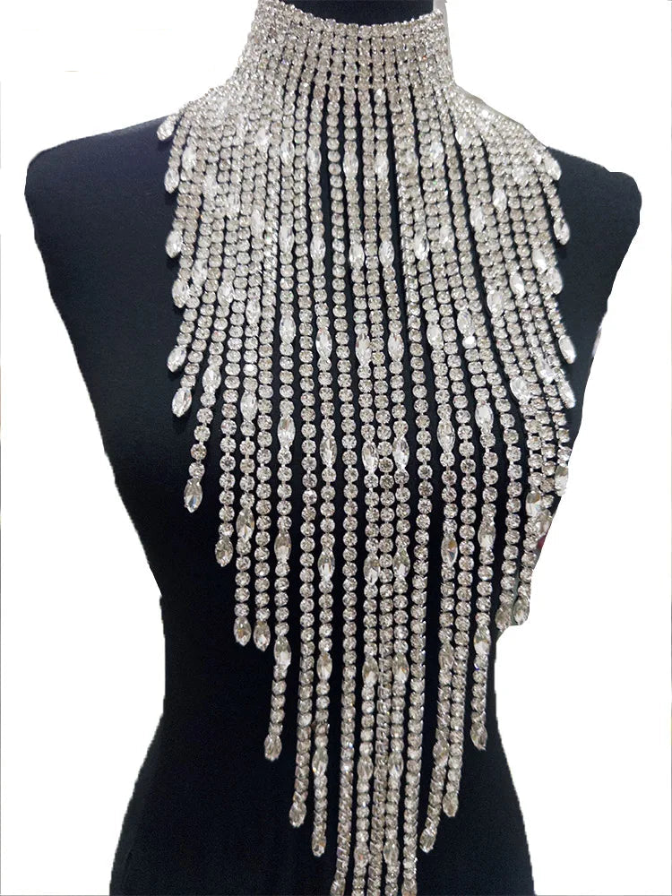 Oversized Crystal Rhinestone Tassel Choker Necklace Drag Queen Stage Body Jewelry