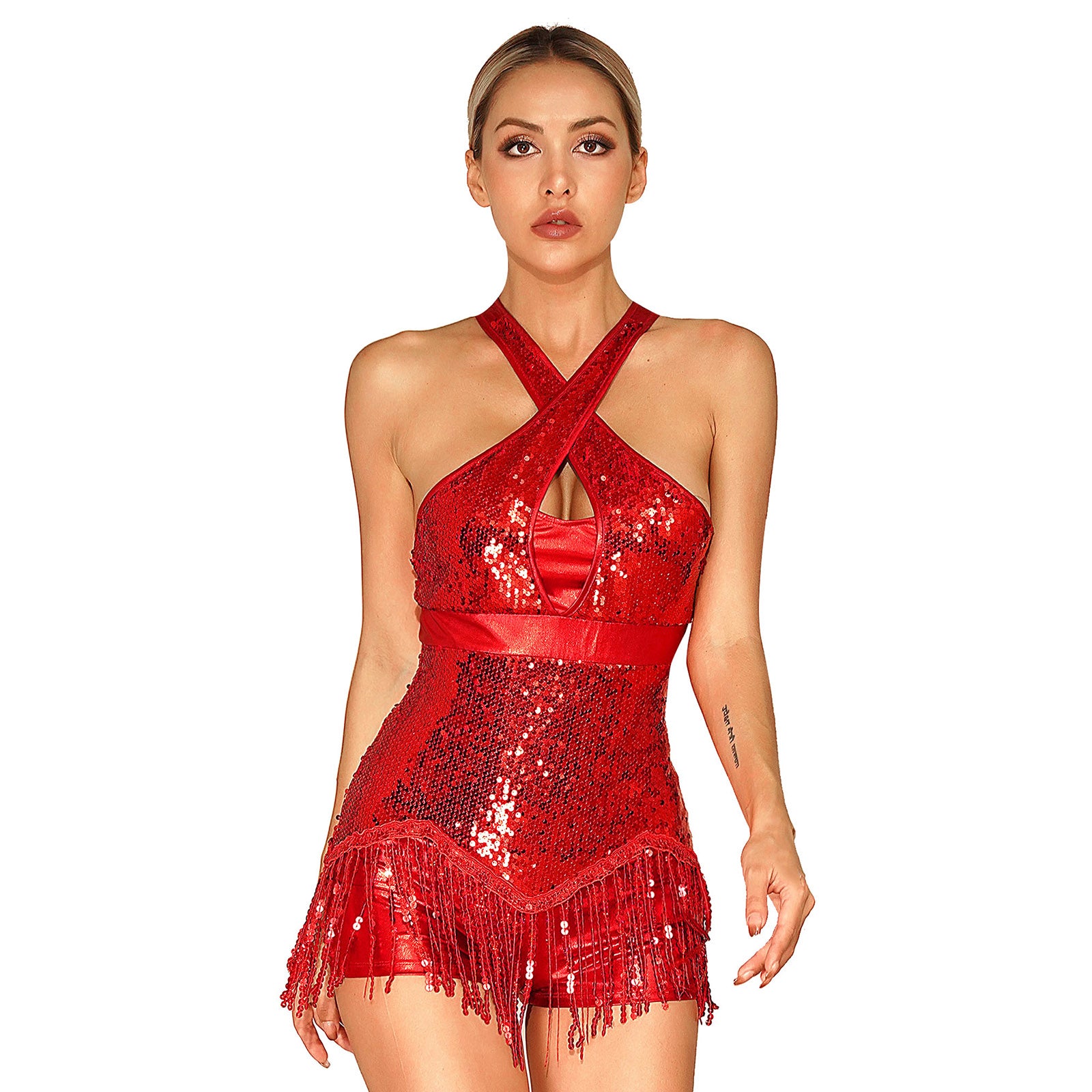 Sequined Fringe Cross-Front Latin Dance Leotard Costume Dress