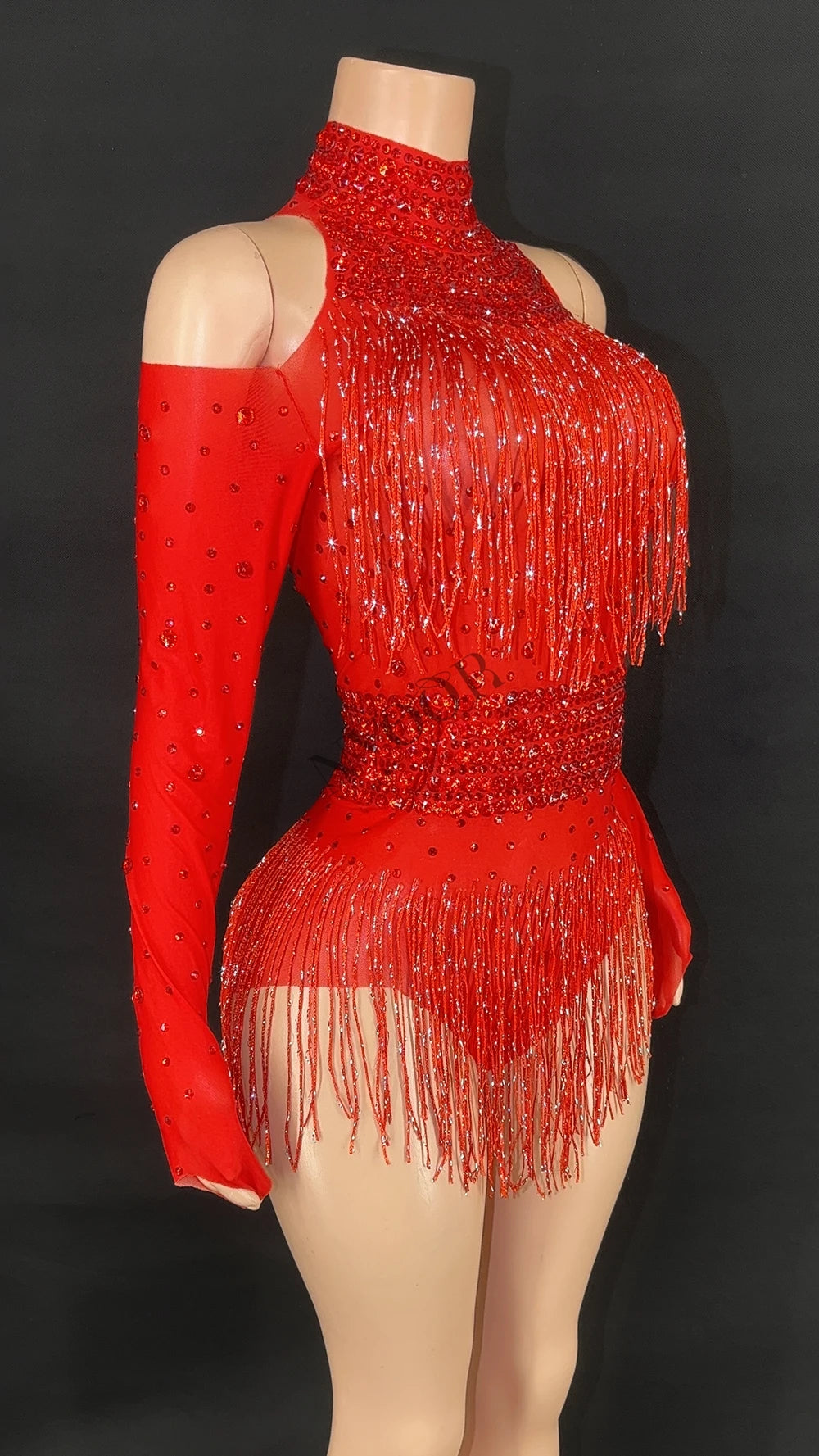 Sparkly Red Rhinestone & Fringe Long-Sleeve Mesh Bodysuit Dance Stage Costume
