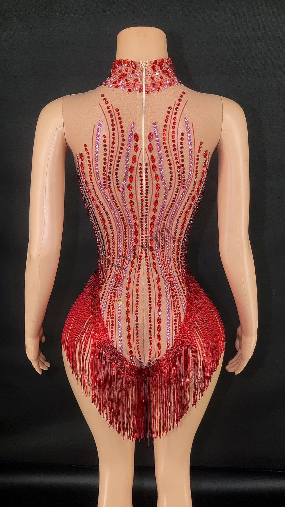 Sparkly Rhinestone, Sequin & Fringe Sleeveless Bodysuit Stage Performance Costume