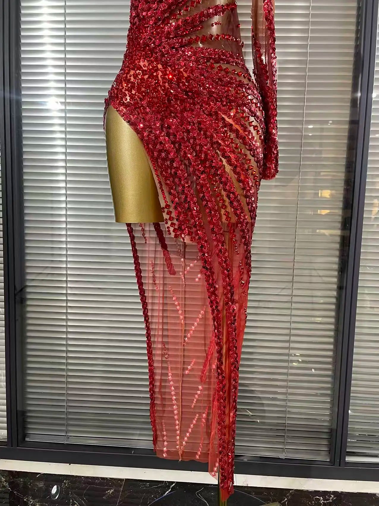 Gold Crystal Illusion Sweetheart Gown High-Slit Mermaid Train Evening Dress