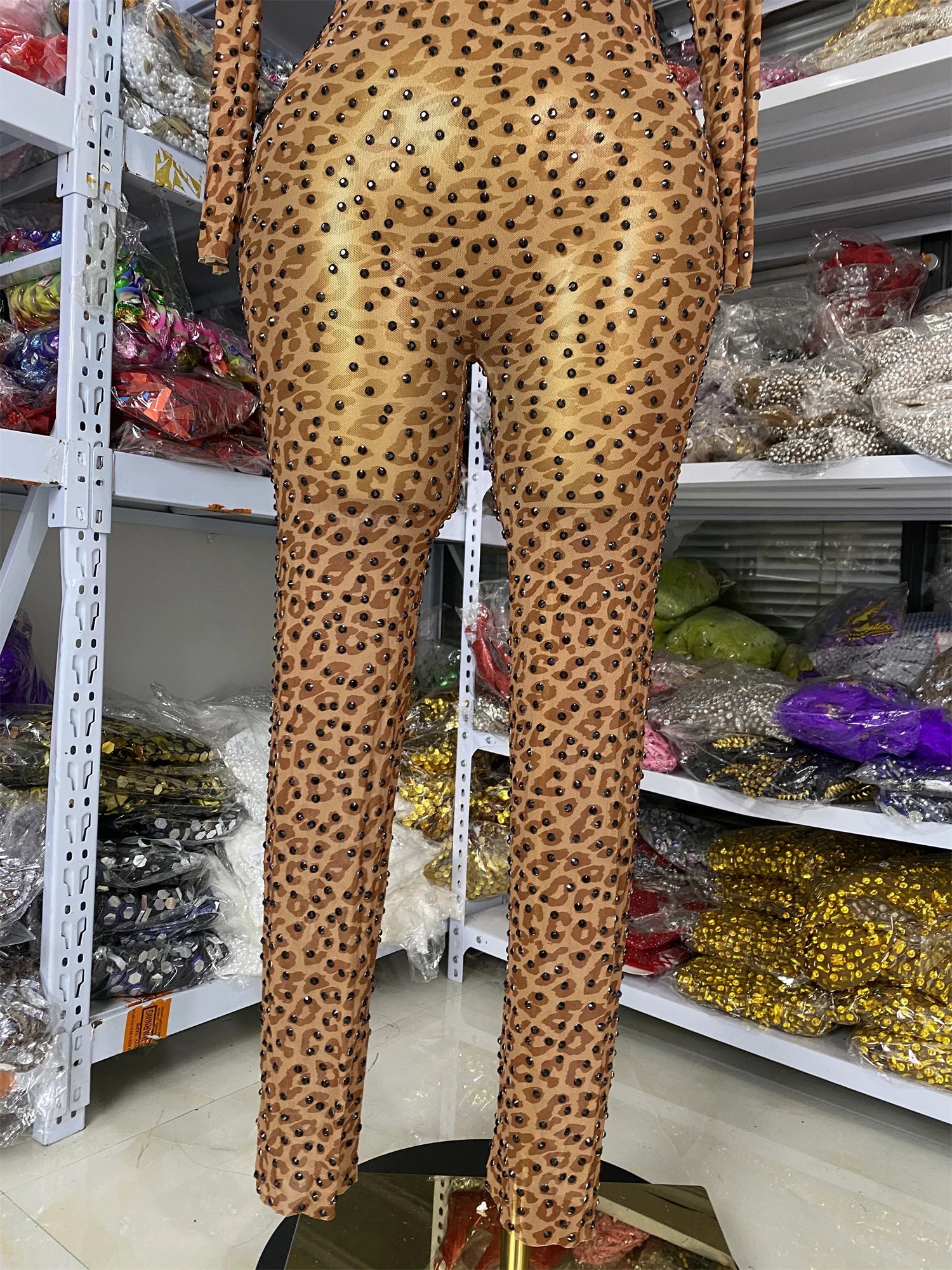 Leopard Print Rhinestone Catsuit Long Sleeve Stage Performance Jumpsuit