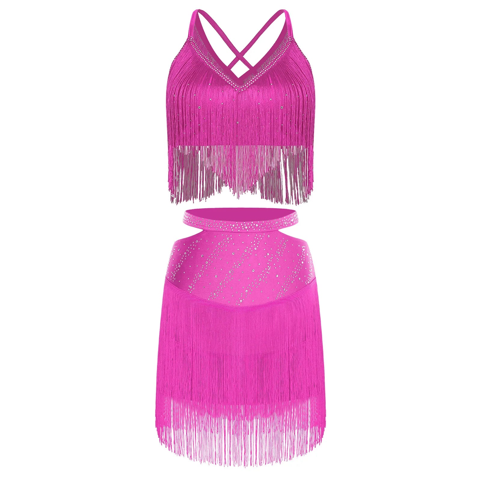 Sparkly Rhinestone & Tassel Fringe Two-Piece Latin Tango Dance Outfit Set