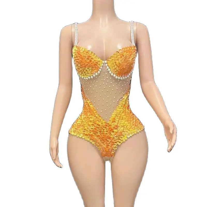 Orange Sequin & Pearl Performance Bodysuit