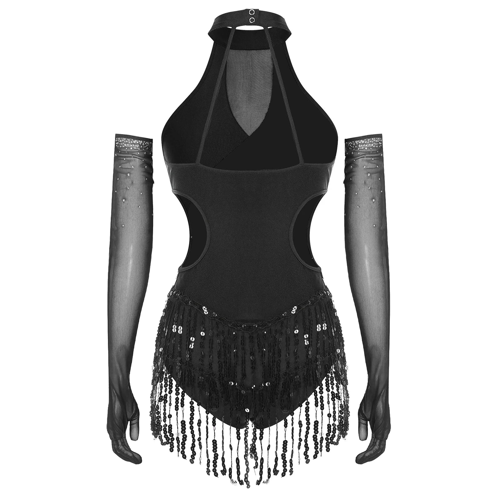 Sequined Fringe Latin Dance & Figure Skating Jumpsuit Leotard Set with Mesh Gloves