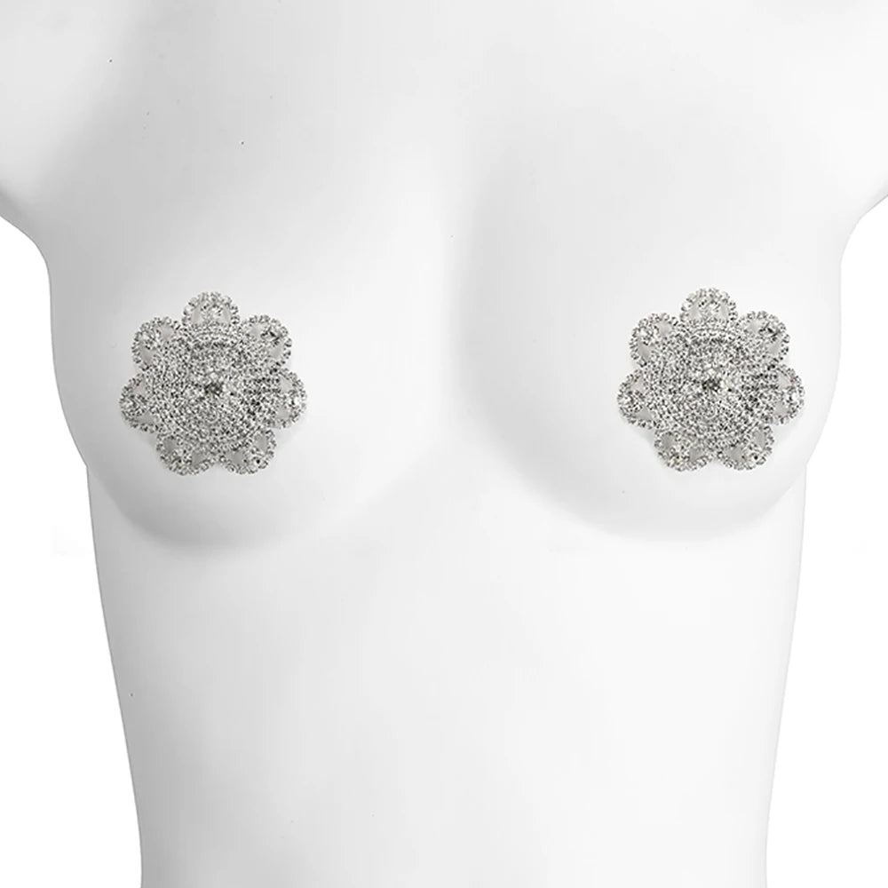 Sparkly Rhinestone Flower Reusable Nipple Pasties Self-Adhesive Silicone Covers