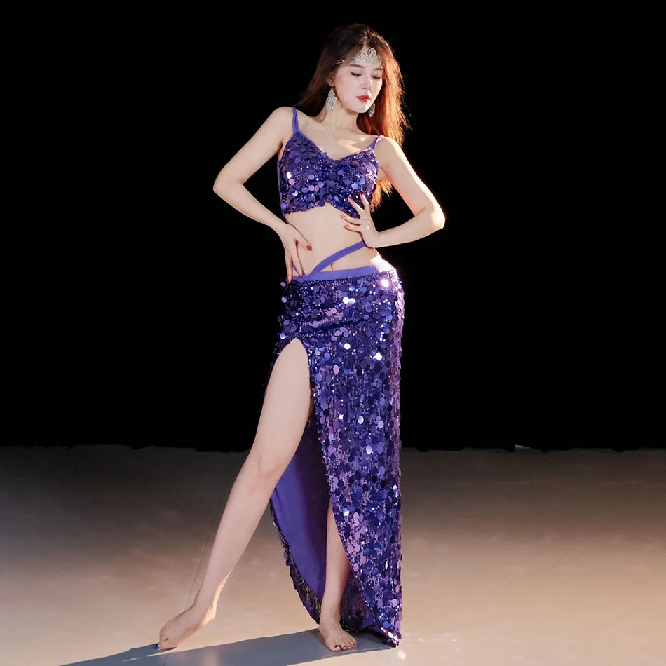 Sequin Oriental Belly Dance Top & Flowing Skirt 2-Piece Performance Set