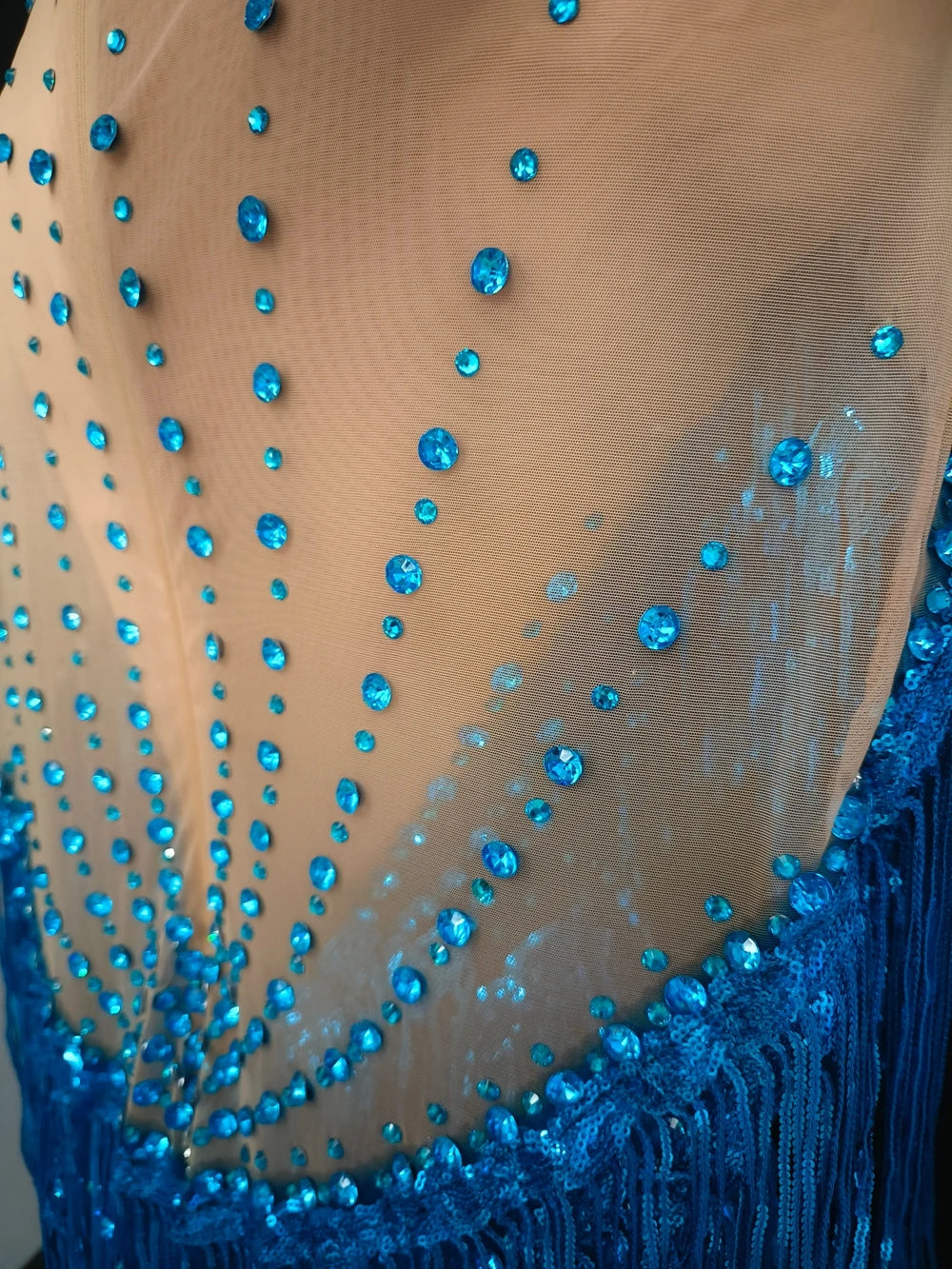 Sparkly Blue Rhinestone & Tassel Sheer Mesh Mini Dress Stage Costume