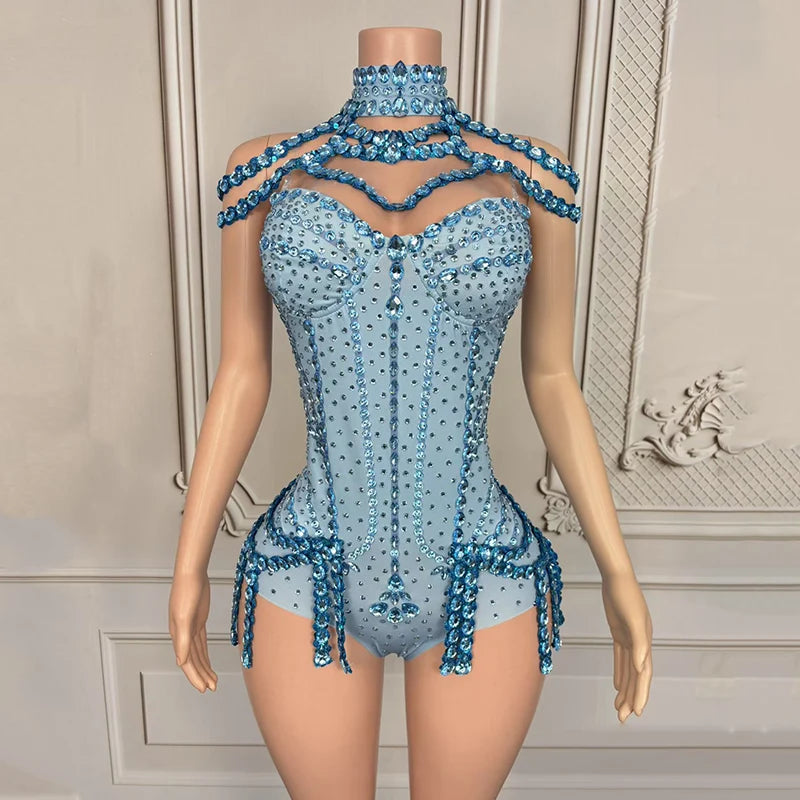 Rhinestone Embellished Performance Bodysuit with Tiered Sequins