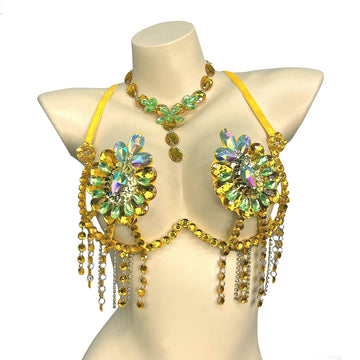 Sparkly Samba Carnival Stone Wire Bra & Necklace Two-Piece Dance Costume Set