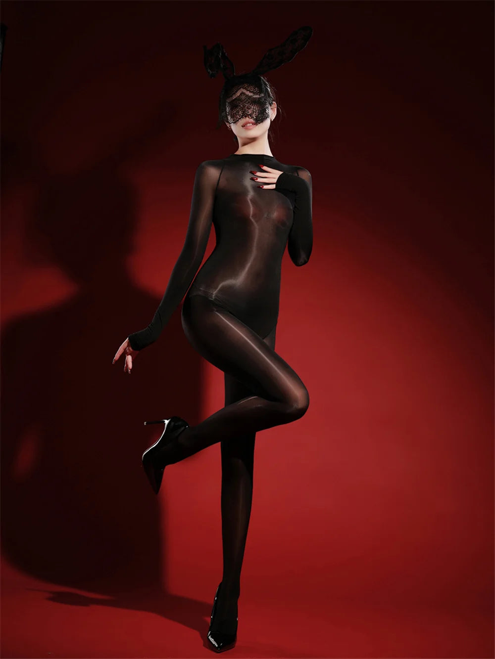 Oil Glossy High-Stretch Sheer Full-Length Bodysuit Thong Catsuit Jumpsuit