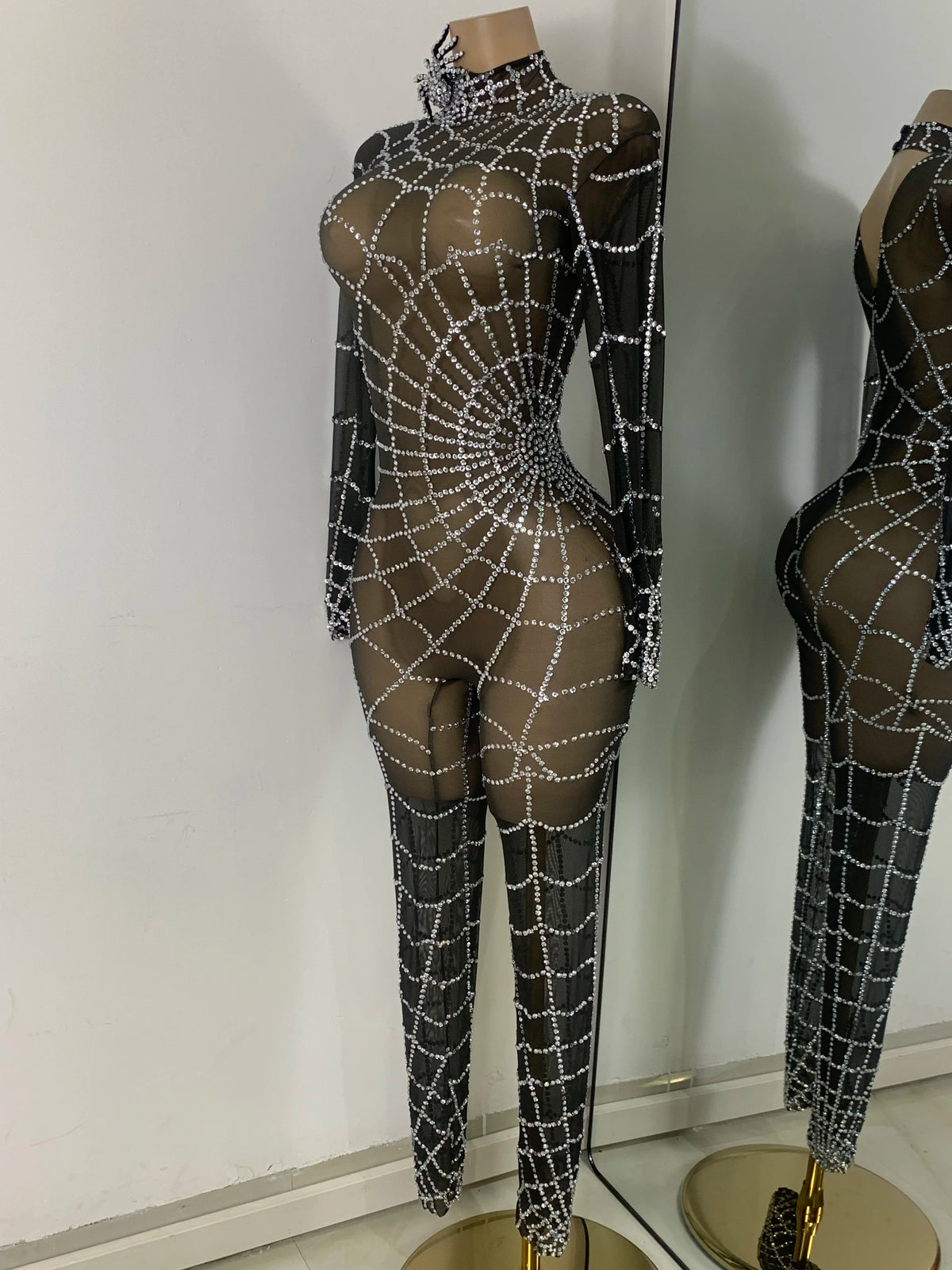 Black Spider Mesh Jumpsuit For Women Sexy Long Sleeve Performance Rompers Dance Show Stage Costume
