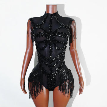 The Stardust Midnight Cabaret Bodysuit – Luxury Rhinestone & Mesh Showgirl Costume